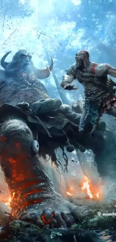 Epic battle wallpaper with warrior and giant.