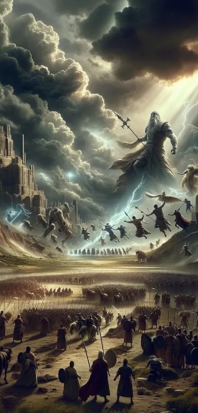 Epic battle wallpaper with mythical giants and warriors in a dramatic sky.