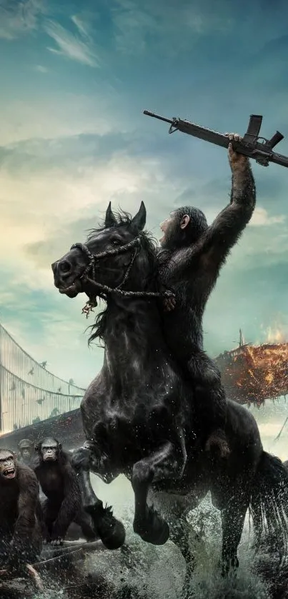 Ape on horseback with rifle in battle scene.