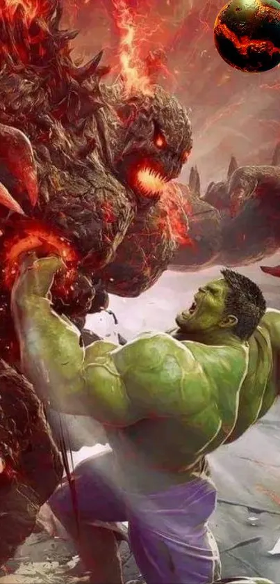 Epic battle scene with green hero facing fiery monster.