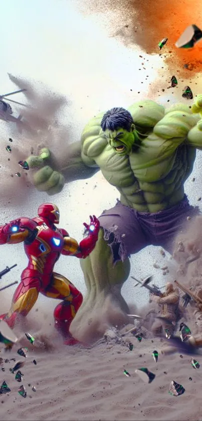 Epic superhero battle wallpaper featuring vibrant action scene.