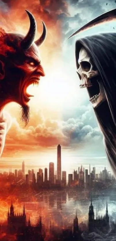 Epic fiery battle between demon and reaper over a city skyline.