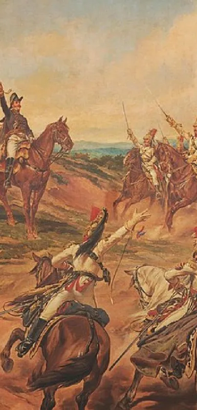 Historical battle painting with cavalry on a mobile wallpaper.