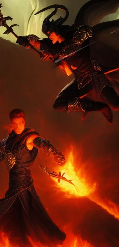 Epic fantasy warriors battle with fiery swords, depicted in a vibrant wallpaper.