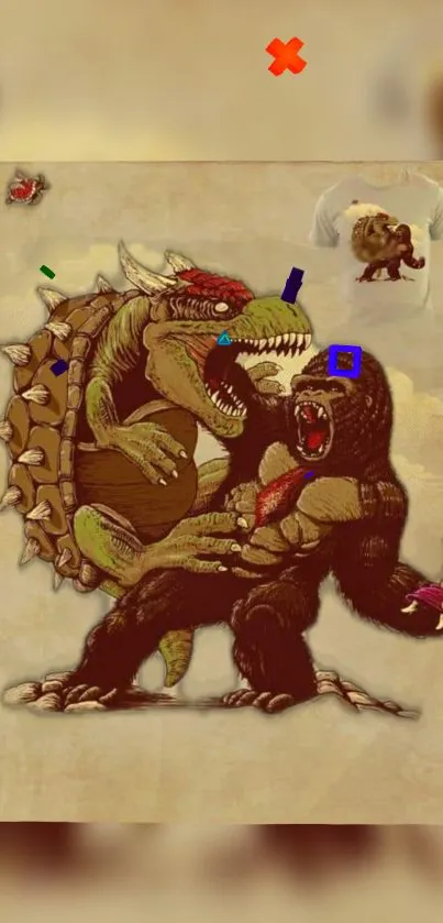 Epic wallpaper of gorilla battling dinosaur.