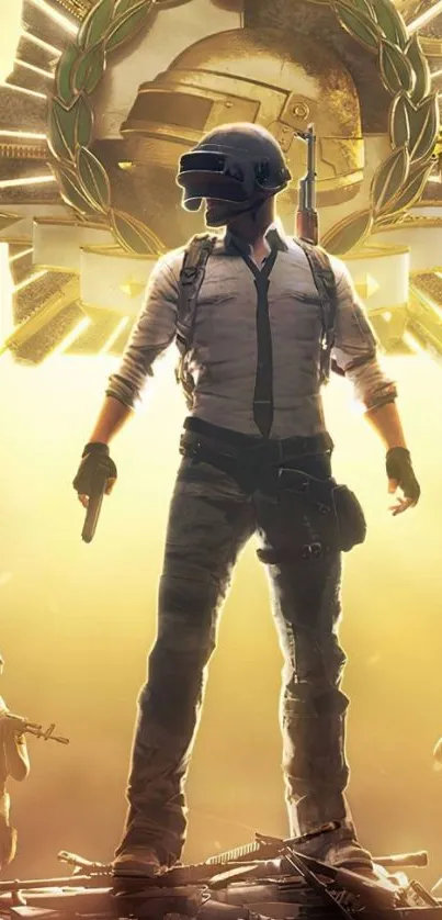 Epic battle royale character wallpaper with golden hues