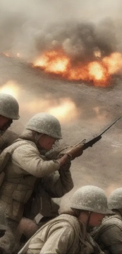 Epic battle scene with soldiers advancing amidst explosions.