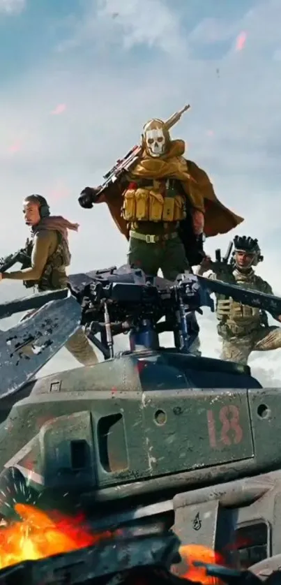 Epic warriors stand atop a helicopter in action-packed fiery scene.