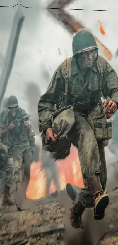 Soldiers in action during an epic battle with explosions and warfare intensity.