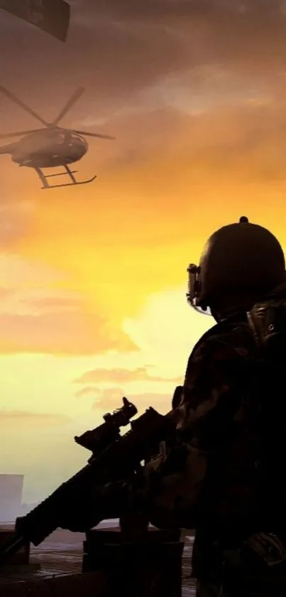 Silhouette of soldier and helicopter at sunset in dramatic battle scene.