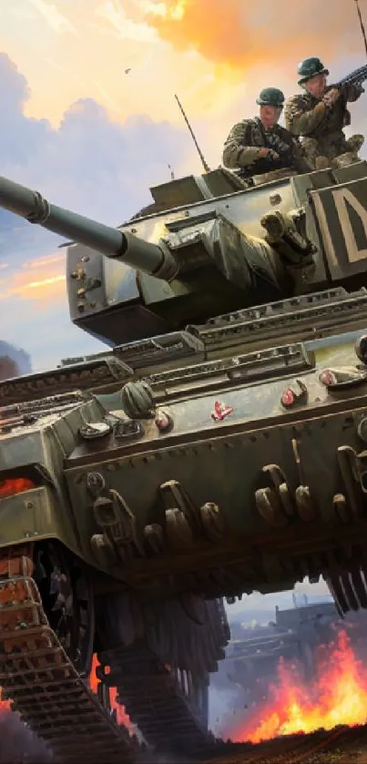 Epic tank in fiery battlefield with explosions and dramatic action.