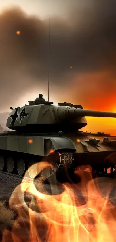 A battle tank under a fiery sky, perfect for military enthusiasts.