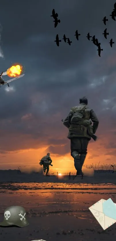 Epic battlefield artwork with soldier at sunset, planes, and dramatic sky.