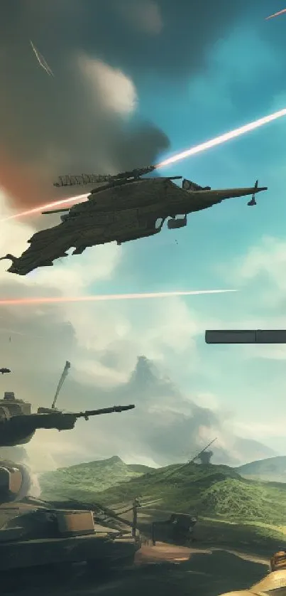 Epic battle scene with jets and tanks under a dramatic sky.