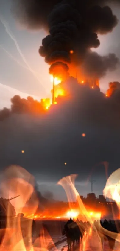 Epic battlefield engulfed in fire and smoke, captured dramatically.