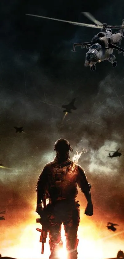 Silhouette of soldier with helicopters flying on a fiery battlefield.