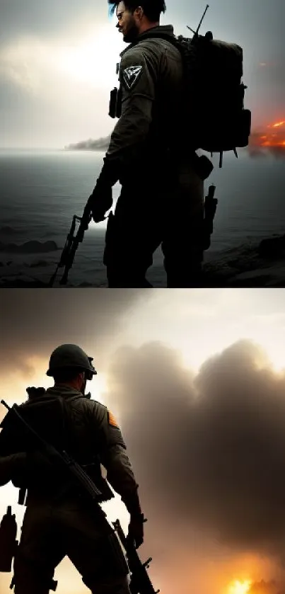 Soldier in silhouette against a dramatic battlefield with fiery backdrop.