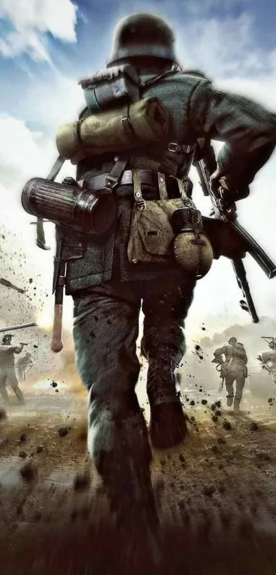 Dynamic image of a soldier in a battlefield scene, running with full gear.