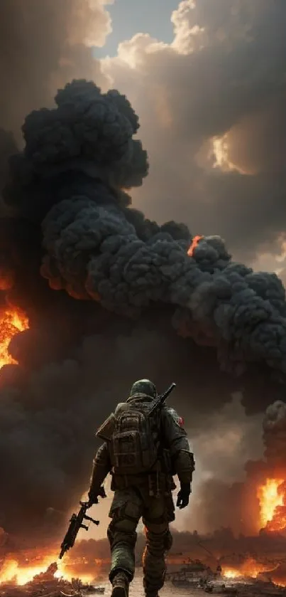 A soldier stands amidst fiery smoke on a battlefield.