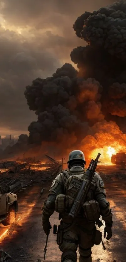 Soldier walking in a fiery battlefield with dramatic explosions and dark clouds.