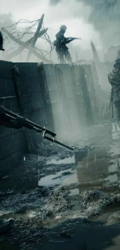 Epic battlefield scene with soldiers in a trench.