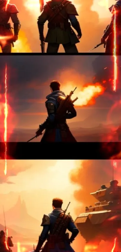 Epic battlefield with warriors and fiery battles.