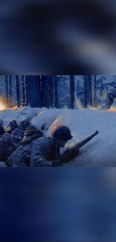 A dramatic winter battlefield scene with soldiers in a snowy forest.