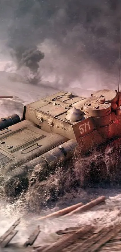 Epic tank battle scene in a war-torn landscape, perfect for military fans.