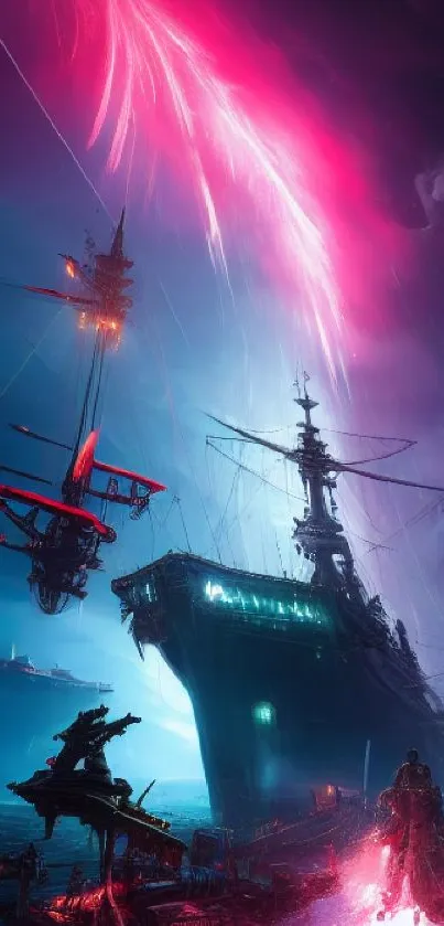 Epic fantasy battleship over a dynamic ocean under a vibrant sky.