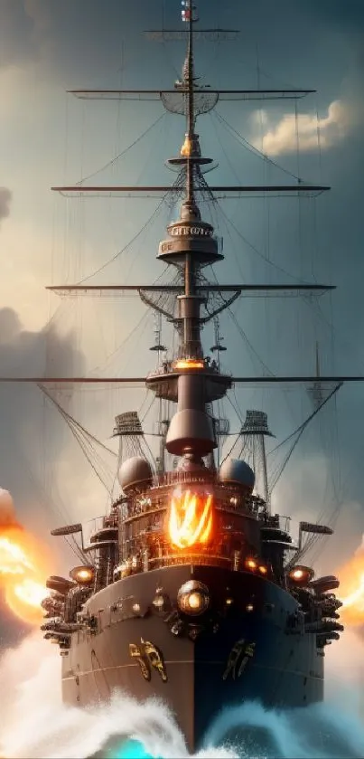 Battleship firing cannons with fiery explosion and dramatic sky.