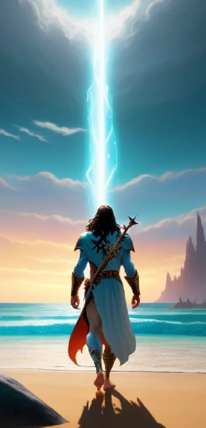 Epic fantasy beach wallpaper with a heroic figure and dramatic lightning.