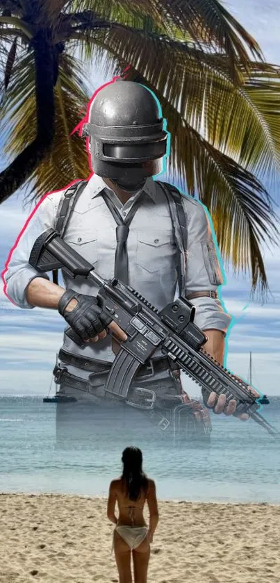 A digital artwork showcasing a game character on a beach with palm trees and ocean backdrop.