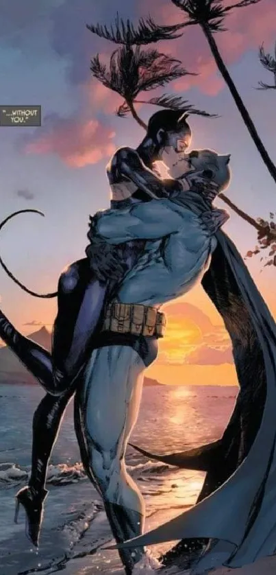 Comic style sunset embrace with heroes on a beach scene.