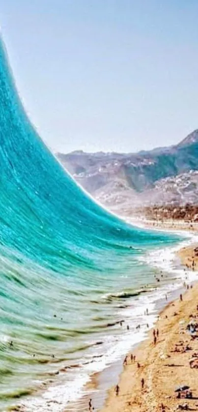 Giant turquoise wave on sunny beach scene, perfect for mobile wallpaper.