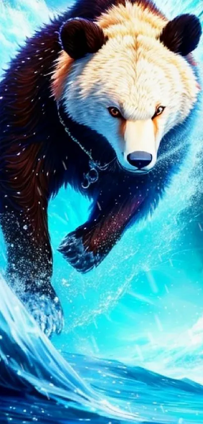 Majestic bear running through vibrant blue waves with dynamic motion.