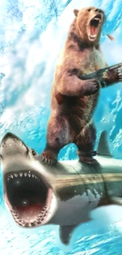 Bear with gun riding a shark in ocean waves.