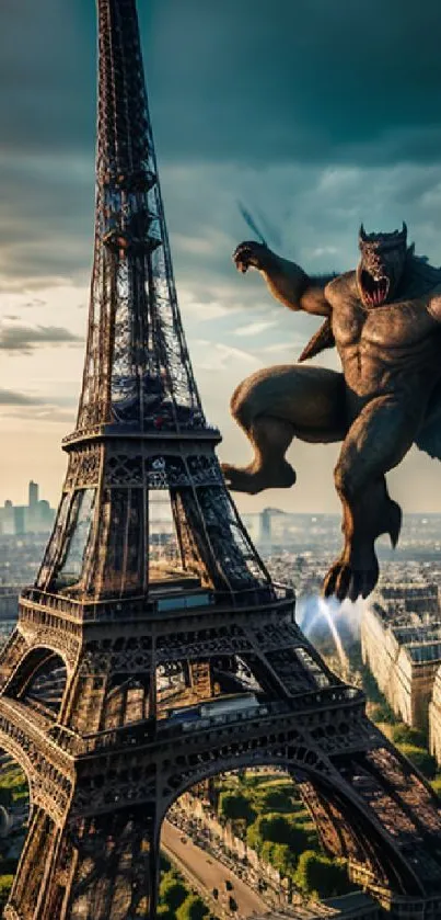 Massive beast climbing Eiffel Tower at dusk, merging fantasy and reality.