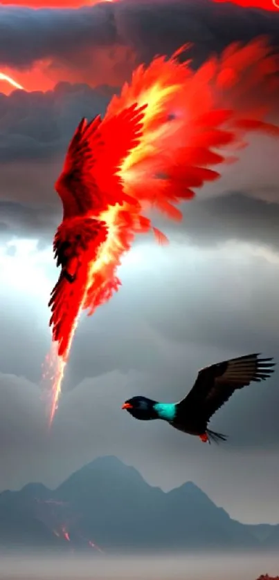 Fiery bird descends from stormy clouds in a fantasy landscape.