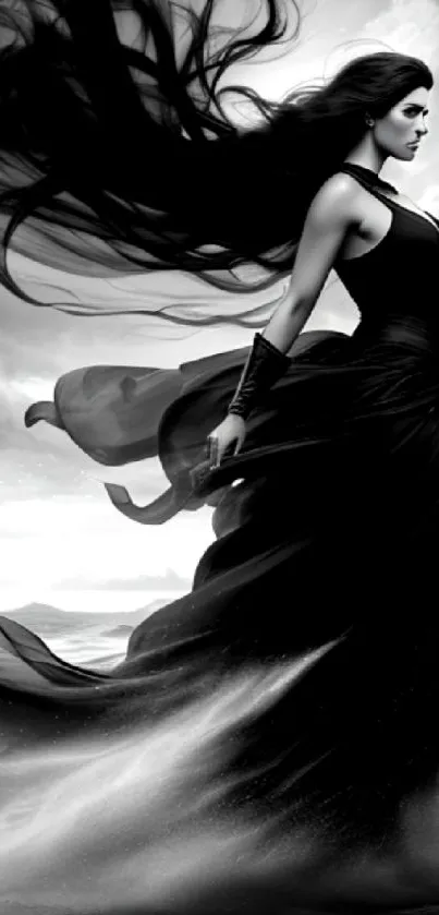 Fantasy woman in black dress amid stormy ocean, grayscale art.