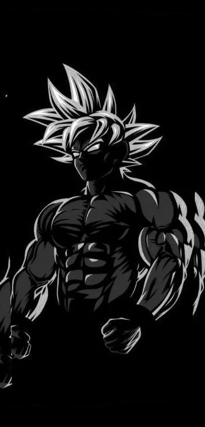 Black and white stylized anime warrior with spiky hair and muscular build.