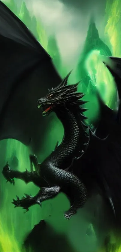 Black dragon soaring against a green mystical backdrop.