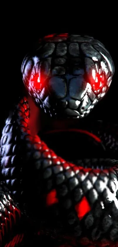 Fierce black snake with glowing red eyes on dark background.