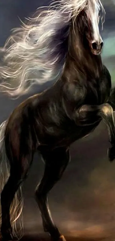 Majestic black stallion rearing with flowing mane.