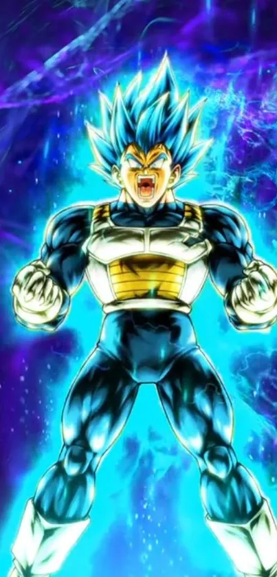 Epic anime warrior with glowing blue aura in action pose.