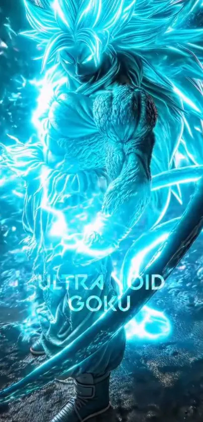 Anime warrior with blue energy aura and cosmic background.