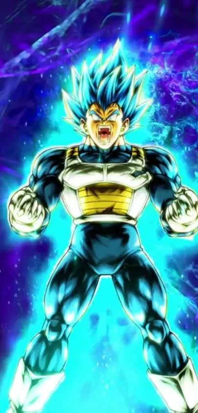 Warrior with blue aura in dynamic anime style art.
