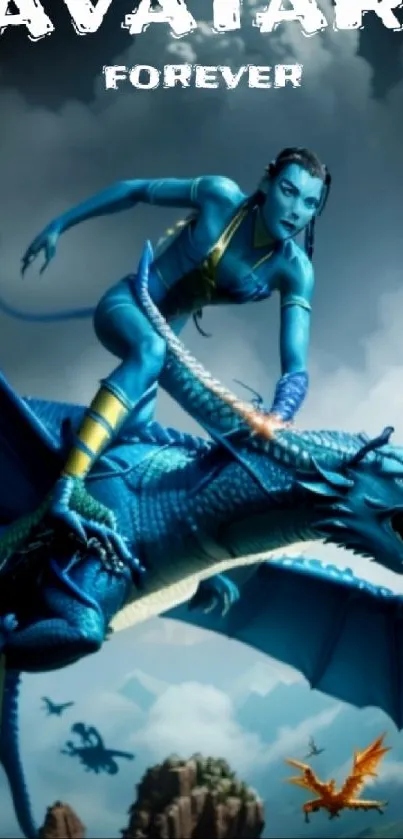 Fantasy blue avatar riding a dragon in sky wallpaper.