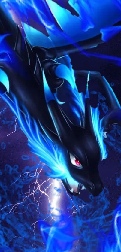 Epic blue dragon with lightning detailing on a mobile wallpaper.