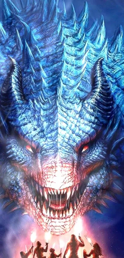 Epic blue dragon breathing fire in a mystical fantasy setting.