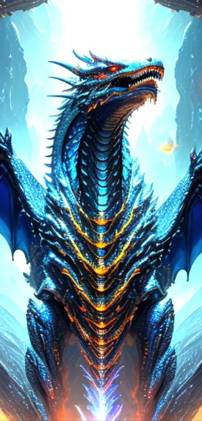Epic blue dragon with orange highlights in fantasy artwork.